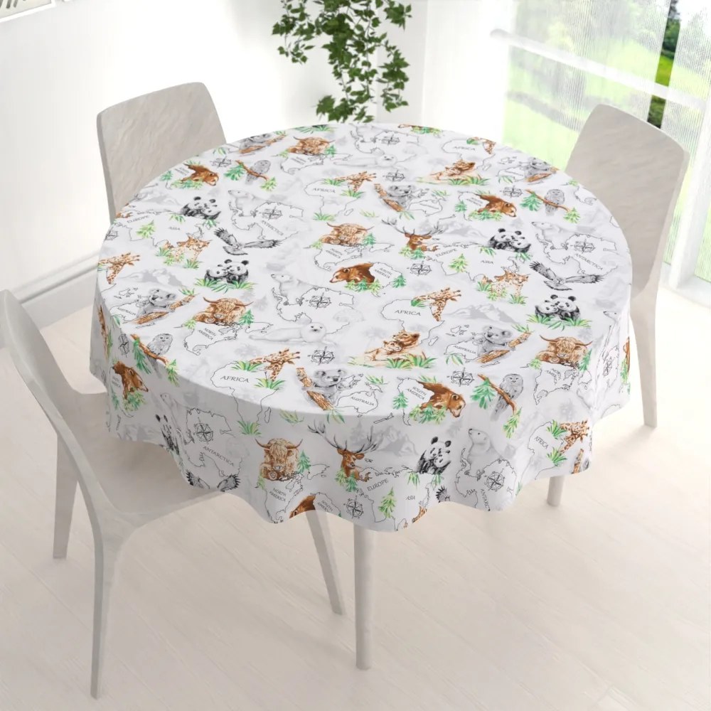 Biante Bavlnený okrúhly obrus Sandra SA-546 Zvieratá sveta na bielom Ø 70 cm