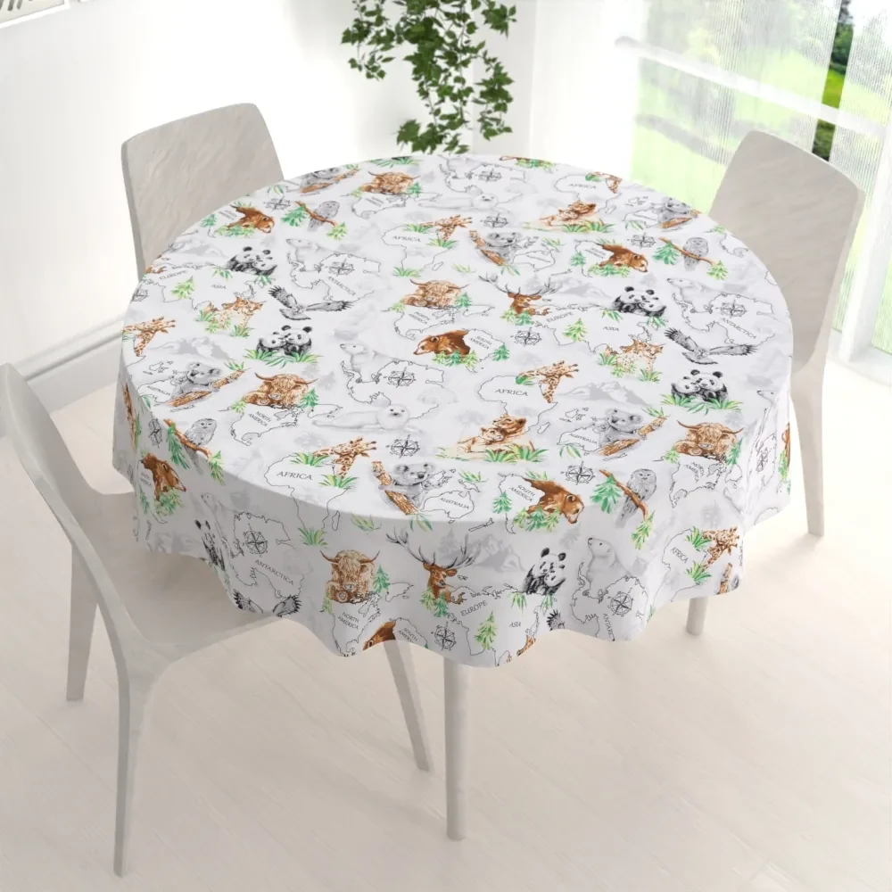 Biante Bavlnený okrúhly obrus Sandra SA-546 Zvieratá sveta na bielom Ø 90 cm