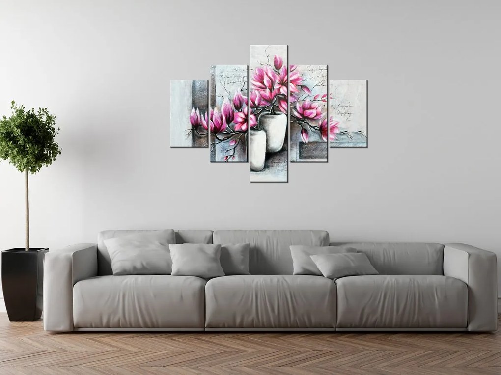 Gario Ručne maľovaný obraz Ružové magnólie vo váze - 5 dielny Rozmery: 100 x 70 cm