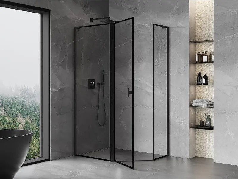 Mexen Mist L, päťuholníkový sprchový kút s krídlovými dverami, 90 x 80 cm, 8mm číre sklo, čierny profil, 8A8L-090-080-70-70-L