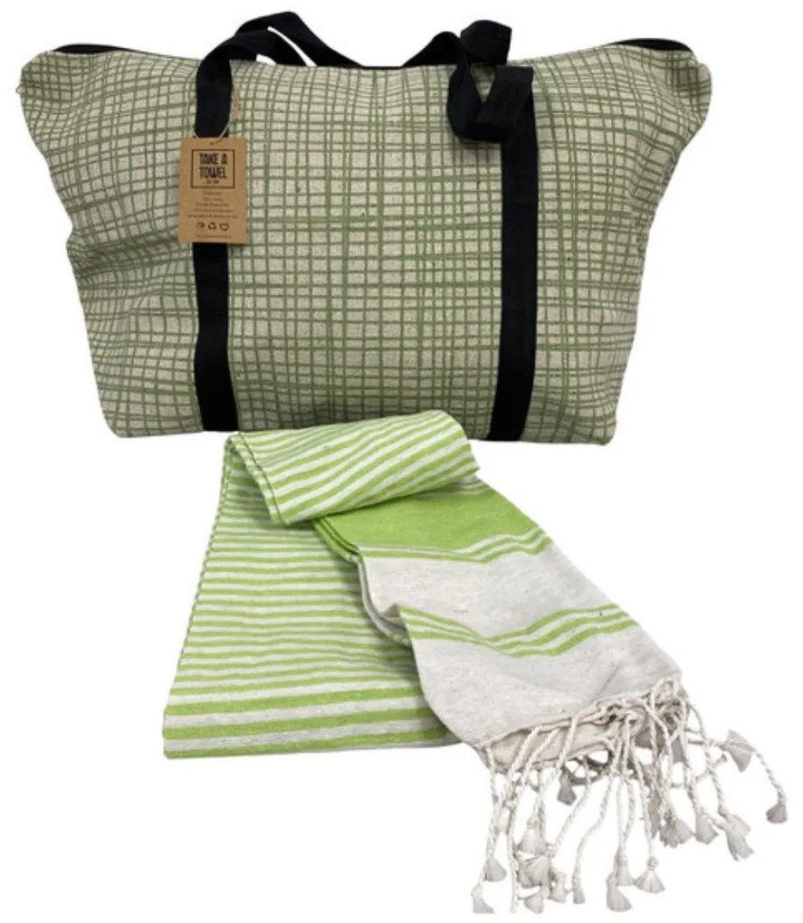 Štýlový set plážovej tašky + osušky HAMAM 75x150 cm, zelený, 100% bavlna