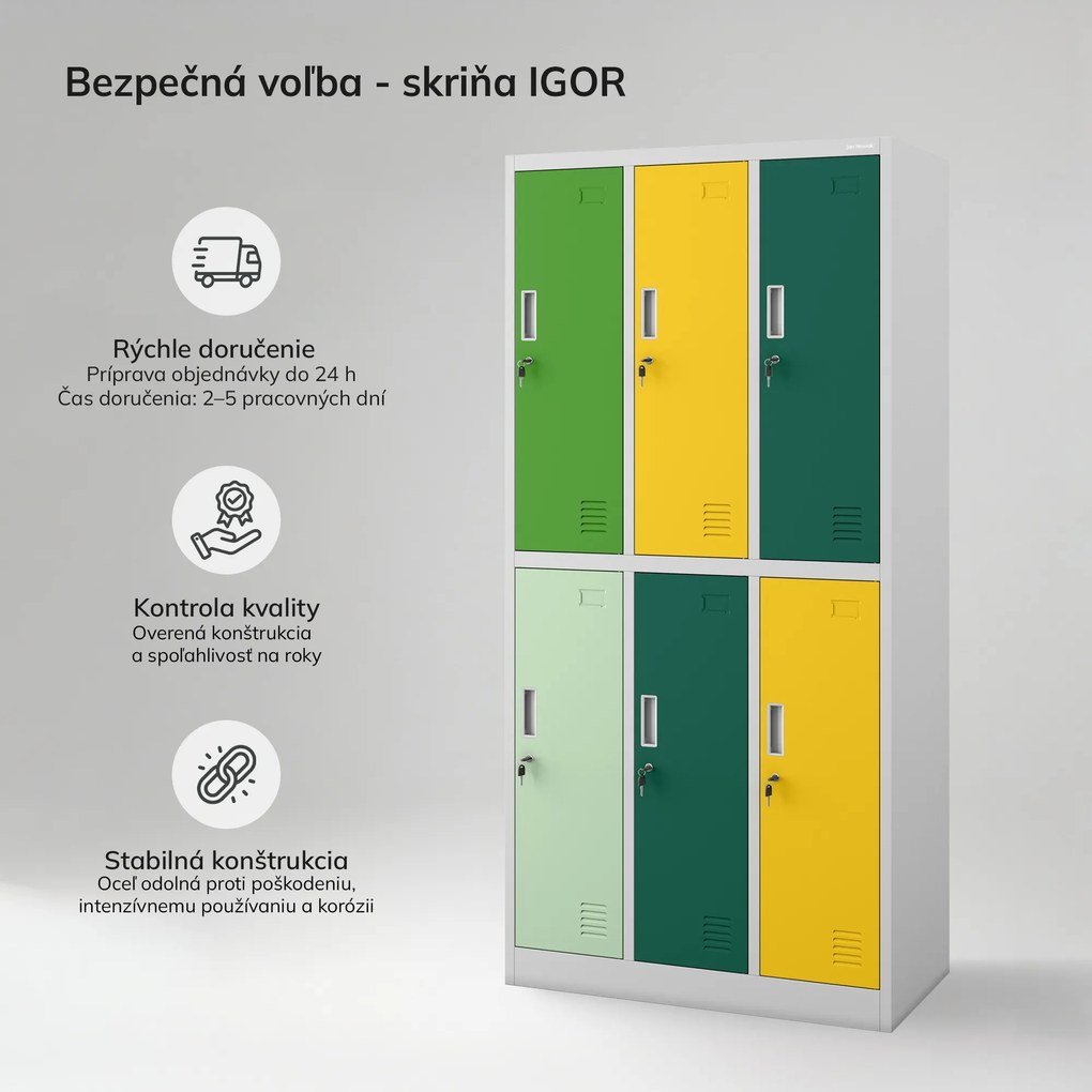 Šatníková skrinka 6-dverová sivo-zeleno-žltá, 900x1850x450 mm: IGOR