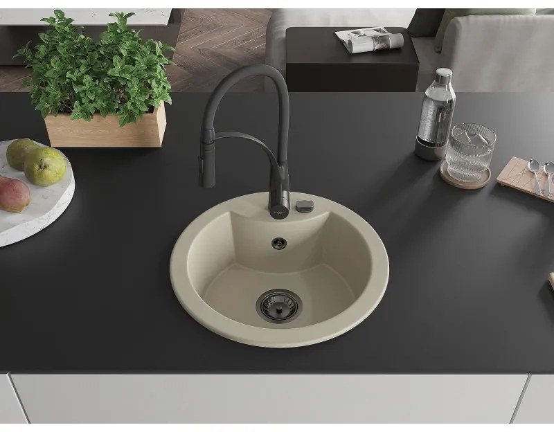 Mexen Diego, 1-komorový granitový drez 488x488x167 mm a drezová batéria Aster, béžová, 6512-69-73450-70-B