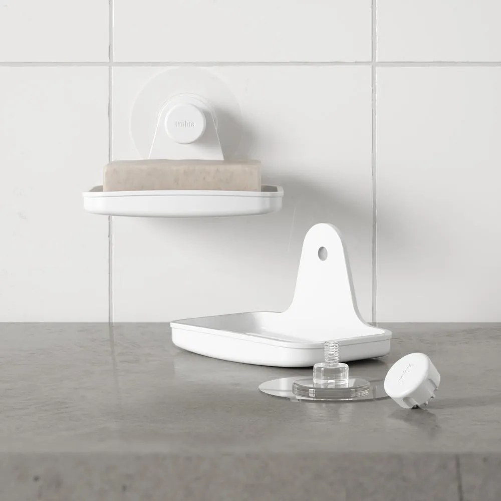 Biela nádobka na mydlo z recyklovaného plastu bez vŕtania Flex – Umbra