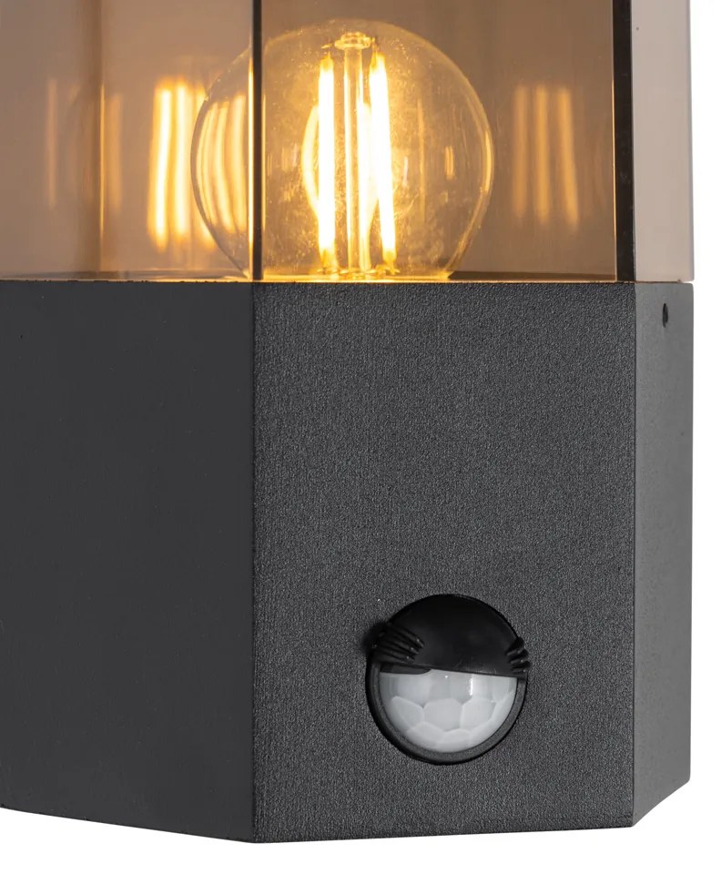 Vonkajšia nástenná lampa čierna s dymovým sklom hexagon a senzorom pohybu - Denmark
