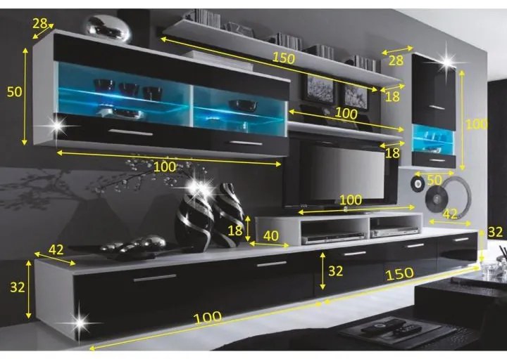 Obývacia stena Leodan (biela + čierna) (s osvetlením). Vlastná spoľahlivá doprava až k Vám domov. 779057