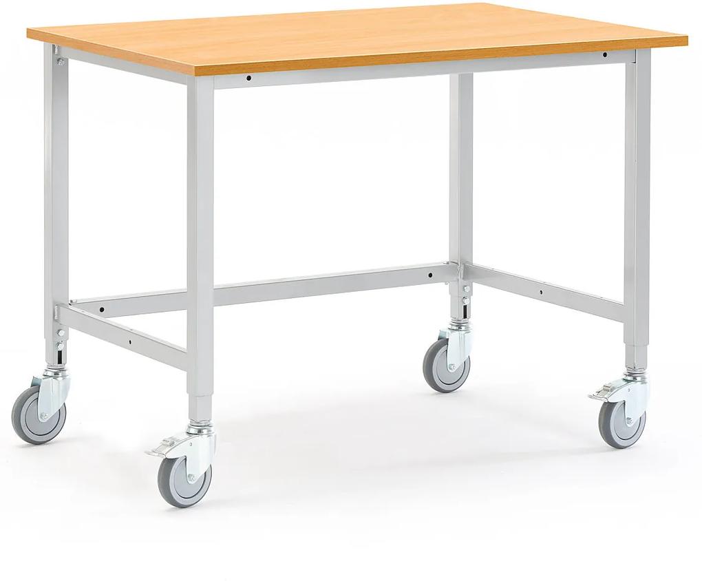 Mobilný dielenský stôl Motion, manuálne nastaviteľný, 1200x800 mm, buk