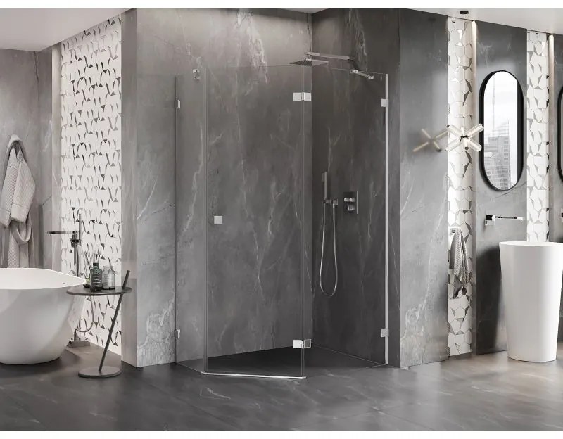 Mexen Lunar, päťuholníkový sprchový kút naklápací vpravo 90 x 80 cm, 8mm číre sklo, chrómový profil, 831-090P-080L-01-00-P