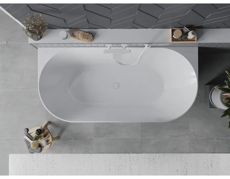 Mexen Oval Slim, voľne stojaca vaňa ku stene 170 x 80 cm, biela lesklá, biely prepad, 52661708000-20