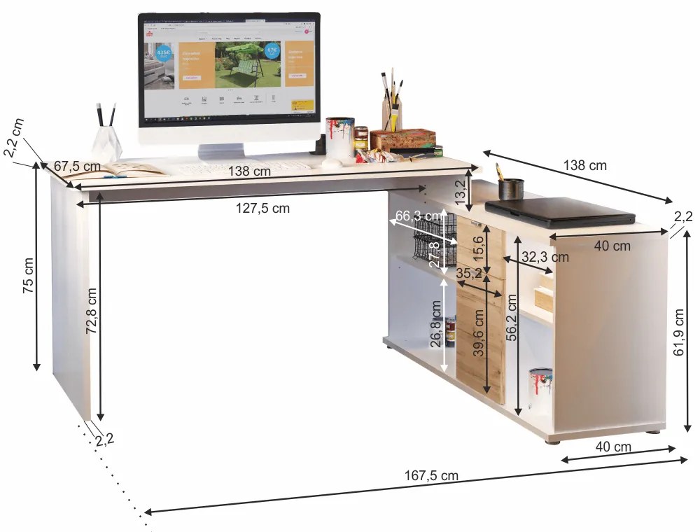 Rohový PC stolík Dasys VE 02 (dub wotan + biela). Vlastná spoľahlivá doprava až k Vám domov. 1006278