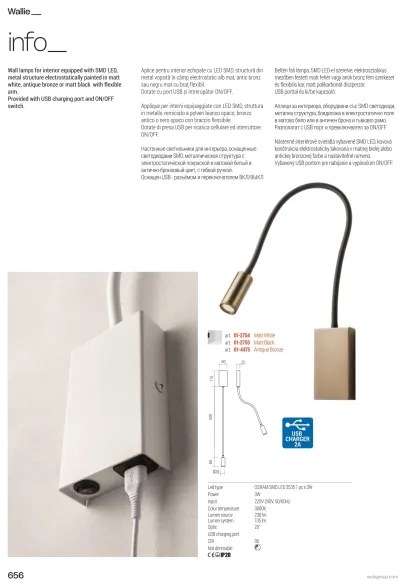Redo 01-4475 - LED flexibilná lampička WALLIE LED/3W/230V USB CRI 90 bronzová