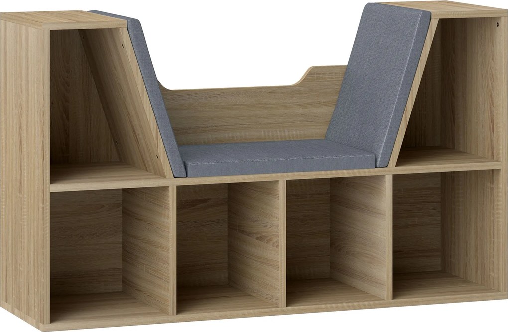 HOMCOM moderný dizajn 2-v-1 knižnica s lavičkou a 6 priehradkami a 3 vankúšmi, dub šedý 102D x 30Š x 61V cm | Aosom