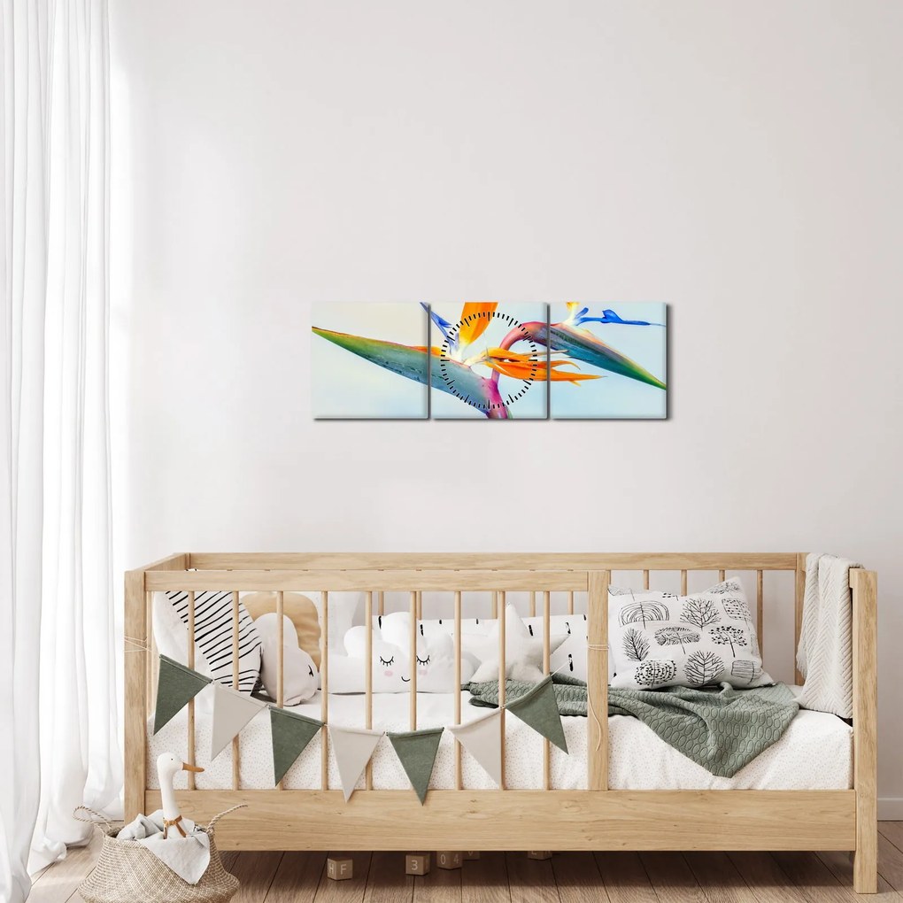 Obraz kvetu Strelícia (s hodinami) (90x30 cm)