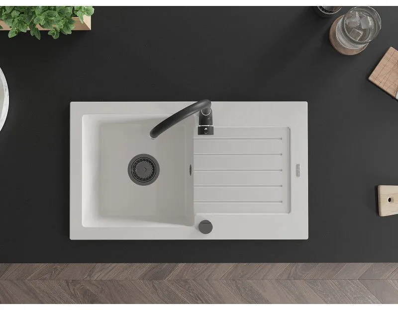 Mexen Pablo, granitový drez 752x436x161 mm, 1-komorový, biela s čiernym sifónom, 6510751010-20-B