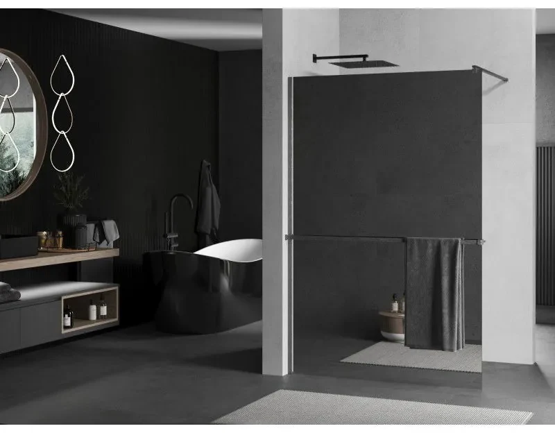 Mexen Kioto+, sprchová zástena Walk-In s poličkou a vešiakom 120 x 200 cm, 8mm sklo vzor zrkadlo, grafitový profil, 800-120-121-66-50