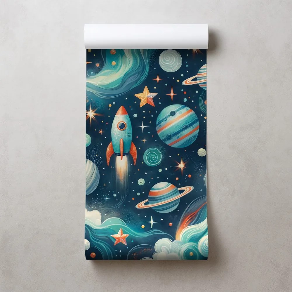 Tapeta farebný vesmír s raketou