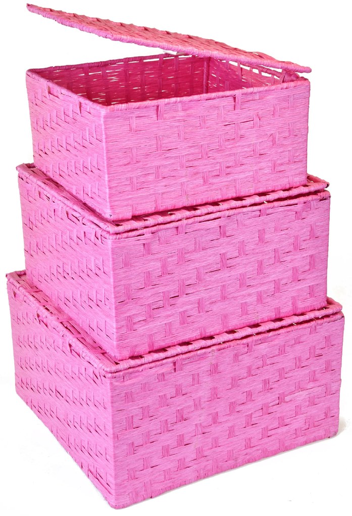 Sada 3 úložných boxů s víkem růžových