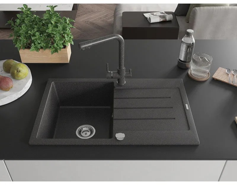 Mexen Bruno, 1-komorový granitový drez s odkvapkávačom 795x495x200 mm a čierna škvrnitá batéria Duero, čierna škvrnitá, 6513-76-671600-76