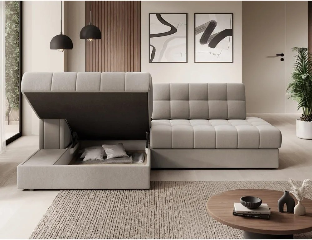 Béžová zamatová rozkladacia rohová pohovka (ľavý roh/s leňoškou) Blezalt – ELTAP