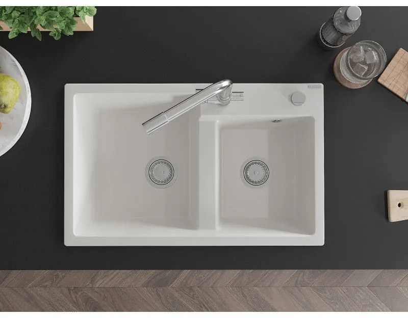 Mexen Tomas, granitový drez 800x500x190 mm, 2-komorový a chrómová batéria Duero, biela, 6516-20-671600-00