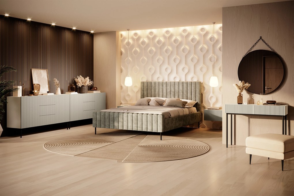 Komoda Nicole 150 cm so zásuvkami a ryhovaným čelom - kasmír / čierne nožičky