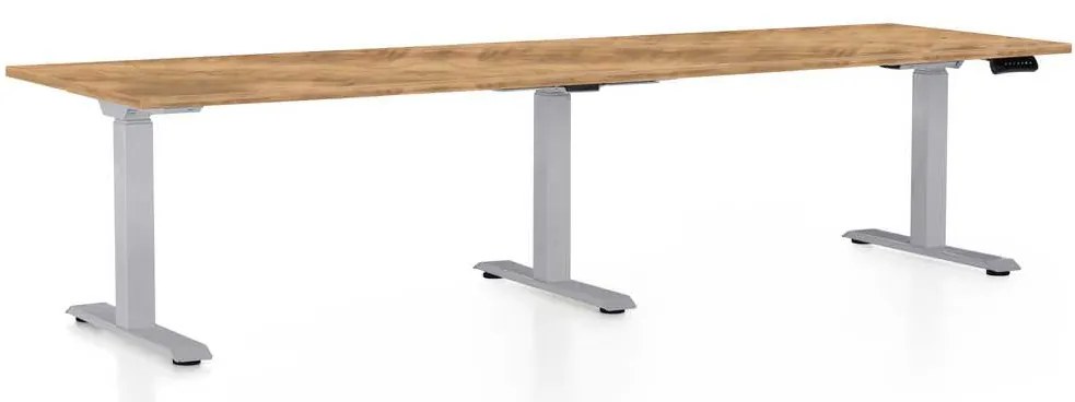Výškovo nastaviteľný stôl OfficeTech Long, 260 x 80 cm, sivá podnož, dub zlatý
