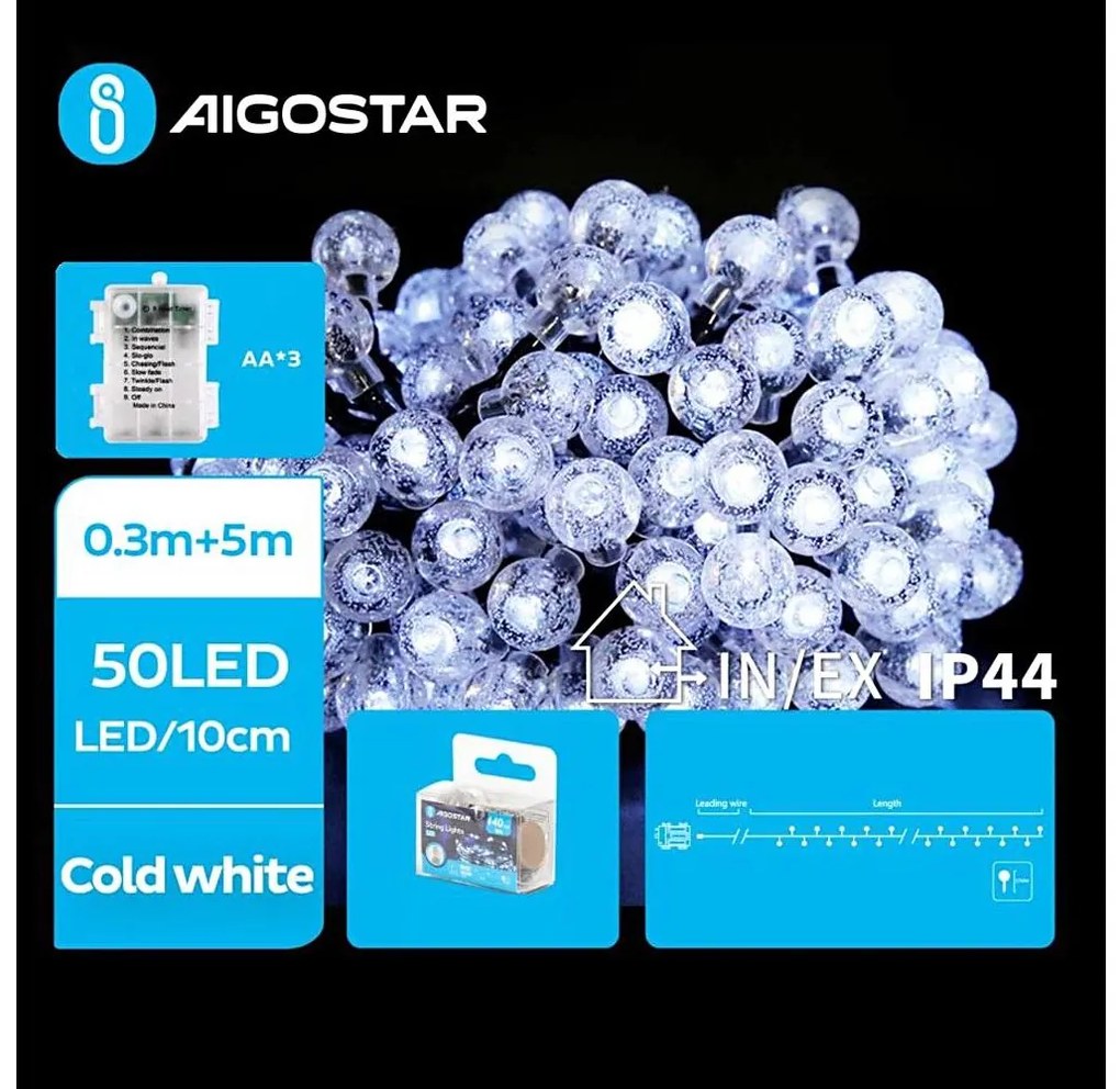Aigostar B.V. Aigostar - LED Vonkajšia reťaz 50xLED/3xAA/8 funkcií 5,3 m IP44 studená biela B10303K4S