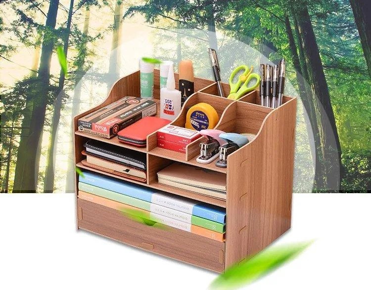 Drevený kancelársky organizér na dokumenty s 8 priehradkami a širokou zásuvkou svetlé drevo DIY 2411 Svetlé drevo