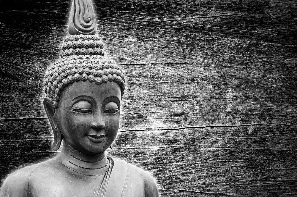 Tapeta čiernobiela socha Budhu na drevenom pozadí - 225x150