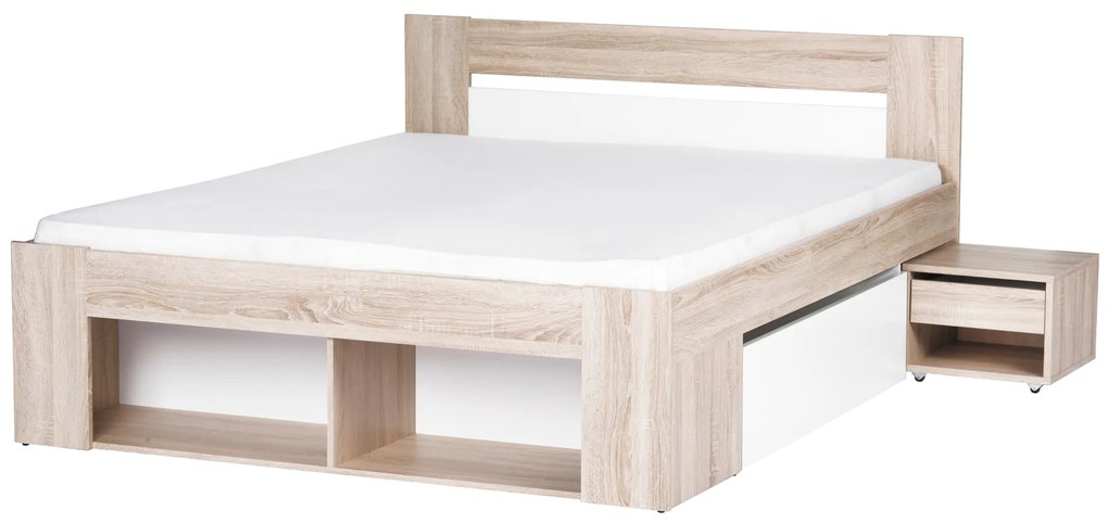 Manželská posteľ 140 cm Melinne 08 (dub sonoma 3D + biela) (s úl. priestorom a noč. stolíkmi). Akcia -21%. Vlastná spoľahlivá doprava až k Vám domov. 1068191