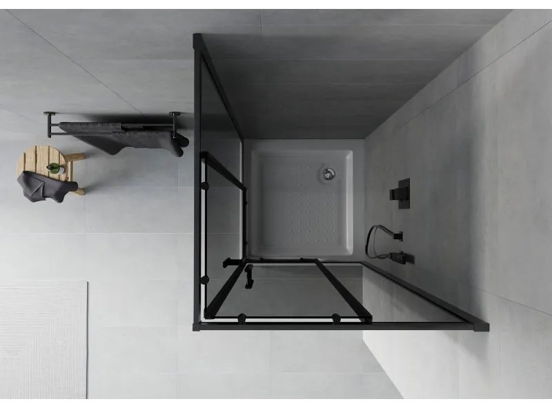 Mexen Rio, štvorcový sprchovací kút s posuvnými dverami 70(dvere) x 70(dvere) x 190 cm, 6mm šedé sklo, čierny profil + biela sprchová vanička RIO, 860-070-070-70-40-4510