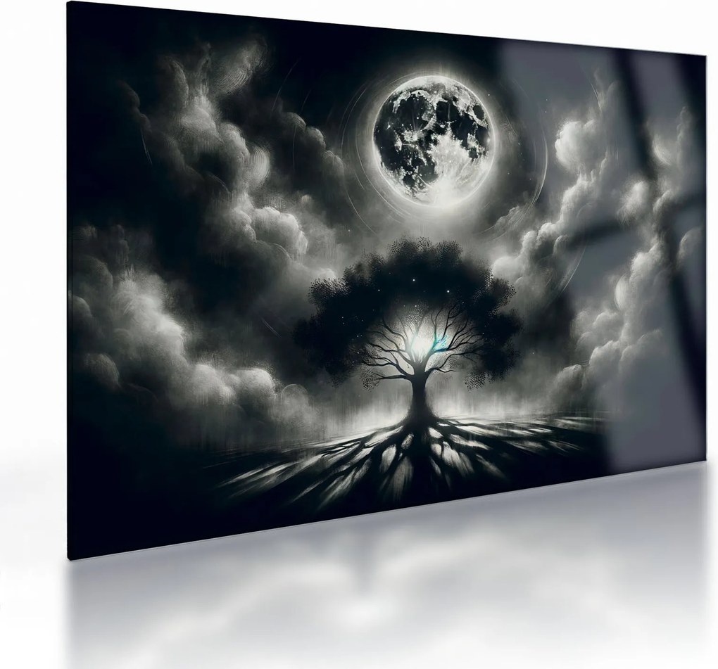 Sklenený obraz – Čiernobiely strom v splne (70x50 cm)