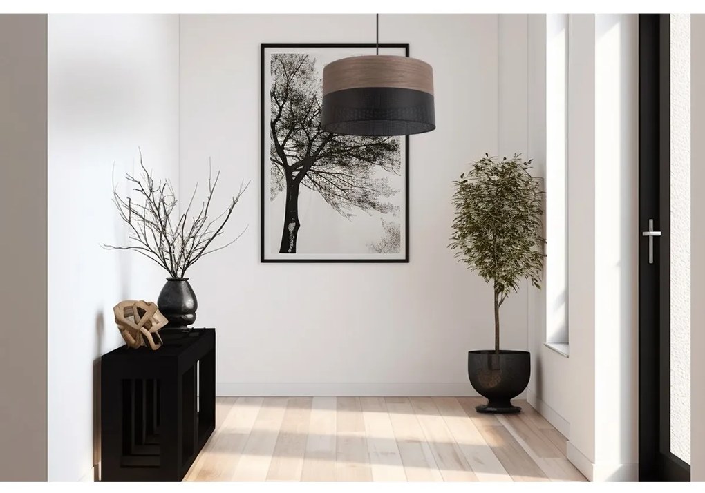Závesné svietidlo Wood, 1x hnedá orechová dýha/čierne PVC tienidlo, (fi 30cm)