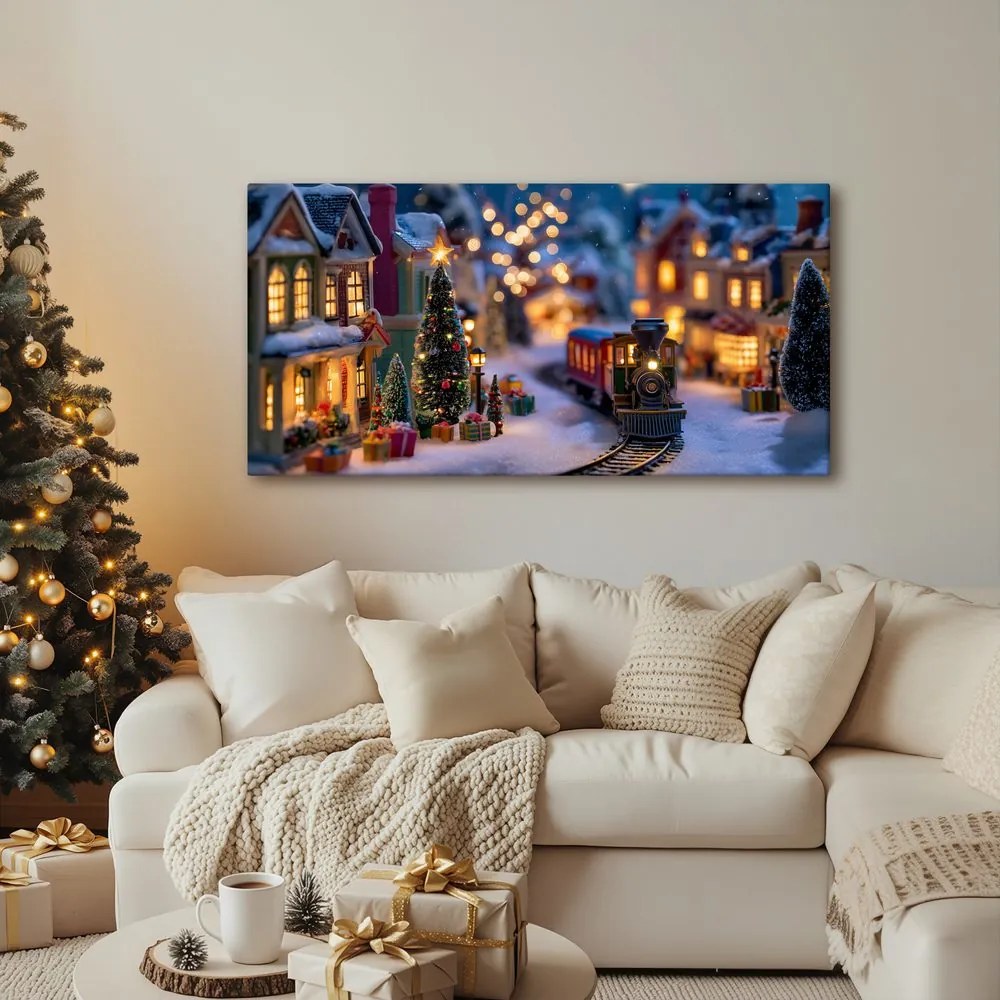 Obraz vláčik prechádzajúci nádhernou vianočnou krajinou