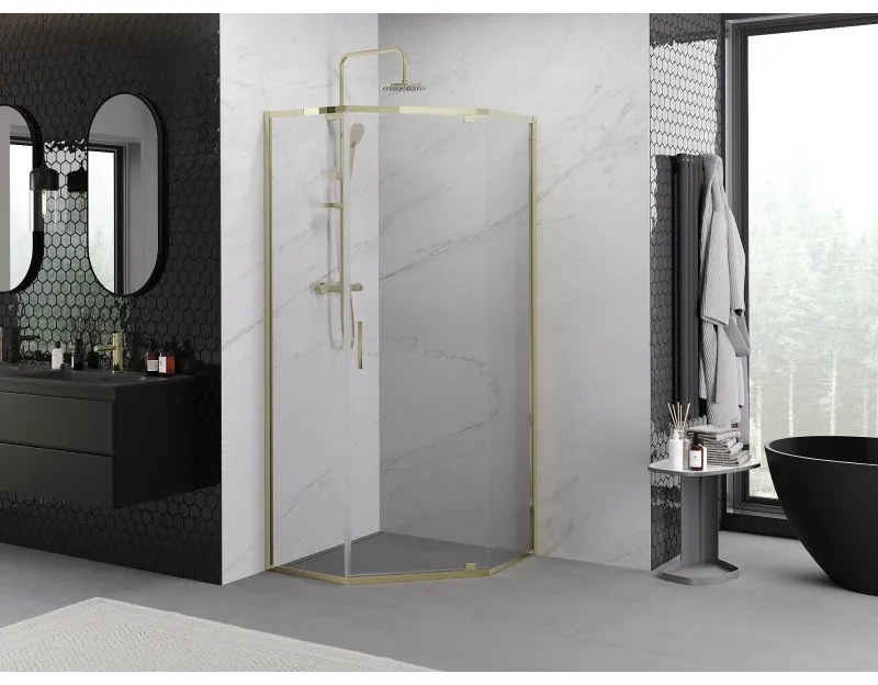 Mexen Exo, päťuholníkový výklopný sprchový kút 90 x 90 cm, číre sklo, zlatá, 812-090-090-50-00
