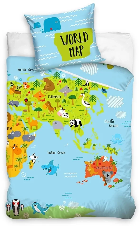 Tiptrade Bavlnené obliečky Mapa Zvierat, 140 x 200 cm, 70 x 90 cm