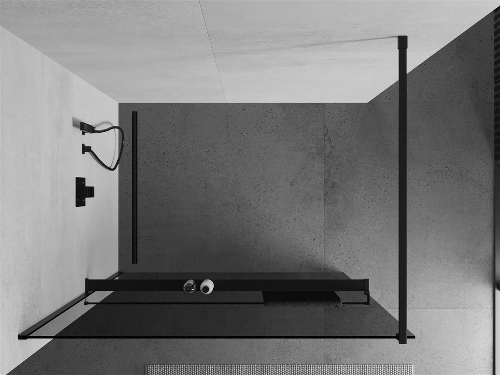 Mexen Kioto+, sprchová zástena s poličkou a držiakom na uteráky 130 x 200 cm, 8mm šedé sklo, čierny profil, 800-130-121-70-40