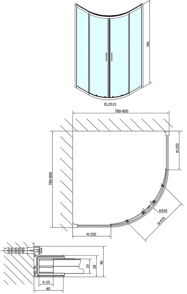 Polysan Polysan, EASY LINE štvrťkruhová sprchová zástena 800x800mm, L/R, číre sklo, EL2515