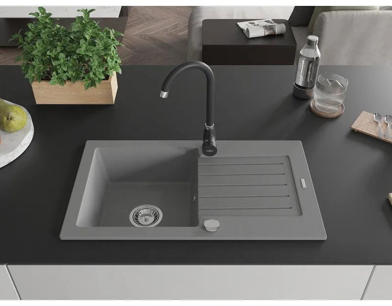 Mexen Pablo, granitový drez 752x436x161 mm, 1-komorový a čierna batéria Telma, šedá, 6510-71-670200-70
