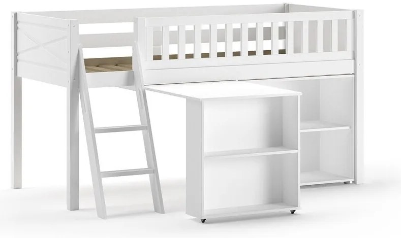 Detská vyvýšená postel Scott so stolíkom a knižnicou biela 90x200cm