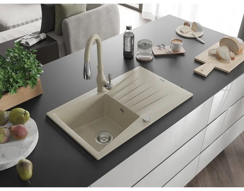 Mexen Cesar, 1-komorový granitový drez 775x470x190 mm a drezová batéria Savita, béžová, 6514-69-672601-69