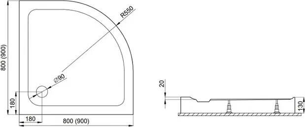 Polimat Kompaktná štvrťkruhová akrylátová sprchová vanička Standard 1 80x80 (90x90) POLIMAT-Farba: Biela, POLIMAT-Rozmery: 90x90