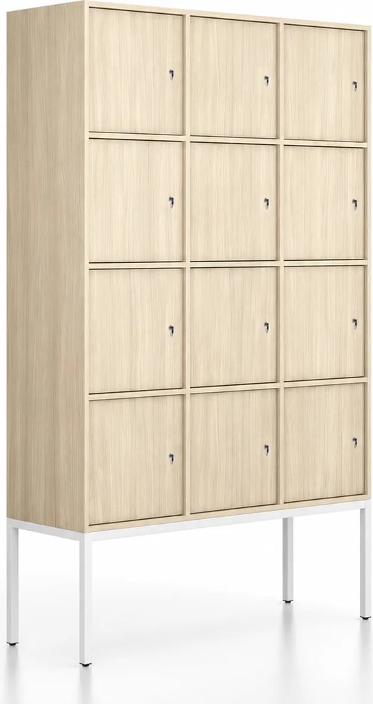 Kancelárska skriňa FRAME, biela podnož, 12x dvere, 1299 x 450 x 2185 mm, cylindrický zámok, dub prírodný