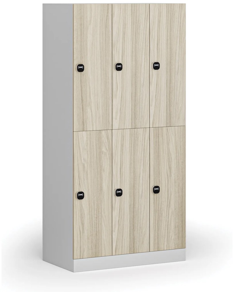 Šatníková skrinka s úložnými boxmi, 6 boxov, 1850 x 900 x 500 mm, zámok s čítačkou RFID kariet, laminované dvere, dub prírodný
