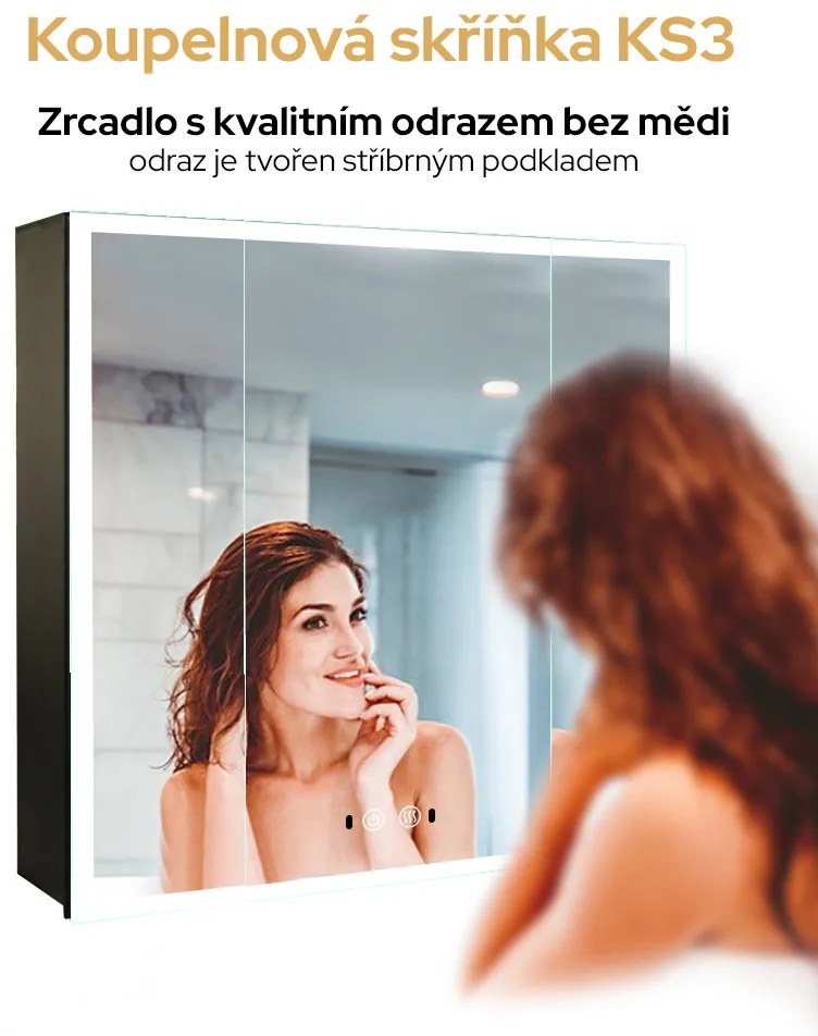 Bezdoteku Kúpeľňová skrinka trojdverová so zrkadlom a LED osvetlením KS3