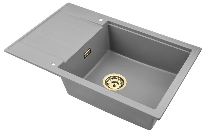 Sink Quality Ferrum New 8010, 1-komorový granitový drez 800x500x210 mm + zlatý sifón, šedá, SKQ-FER.8010.G.XG