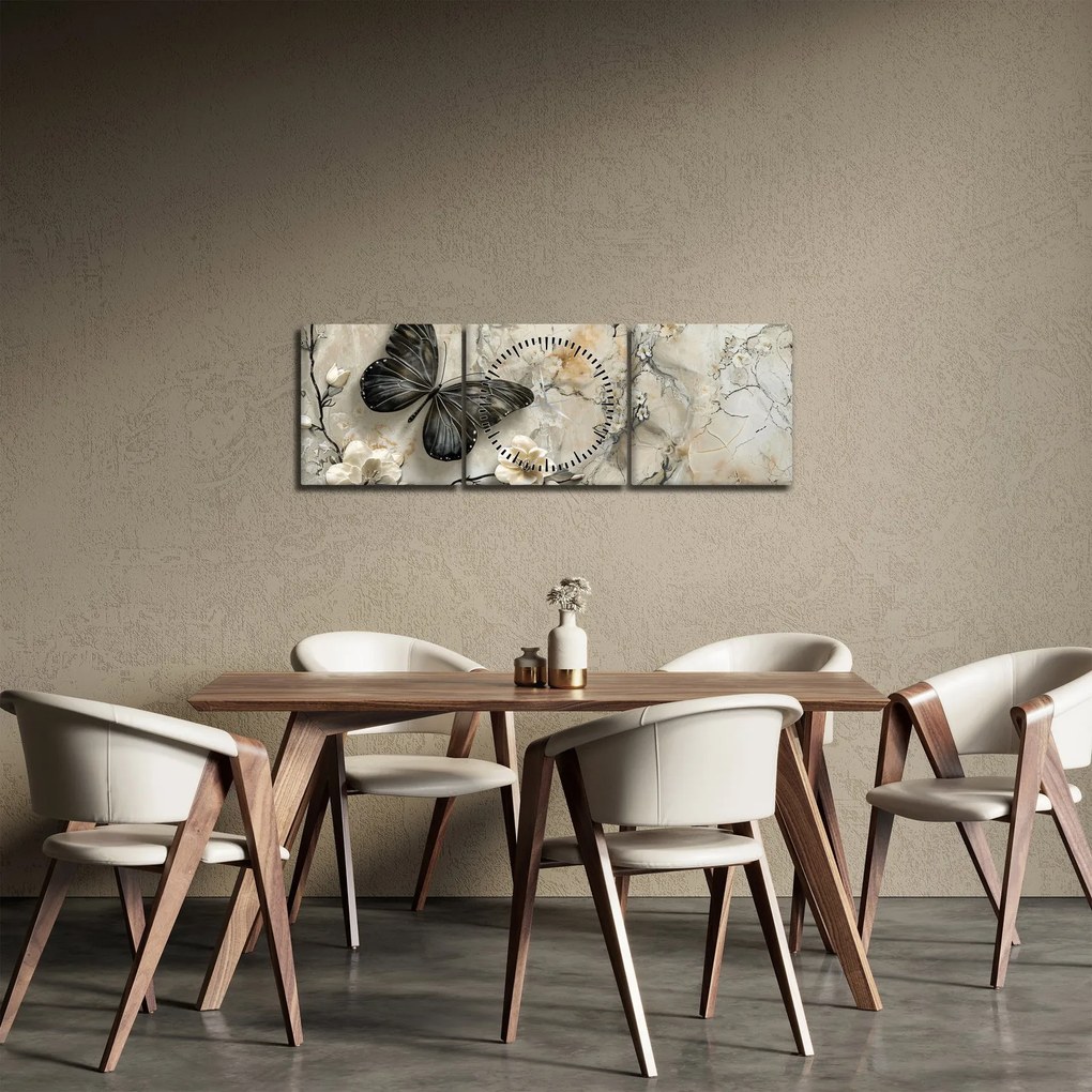 Obraz - Mramorové pozadie s motýľmi (s hodinami) (90x30 cm)