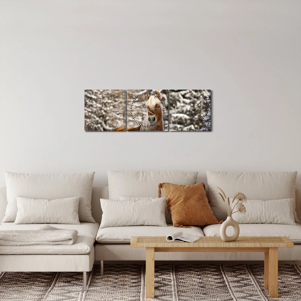 Obraz - Kôň v zimnej krajine (s hodinami) (90x30 cm)