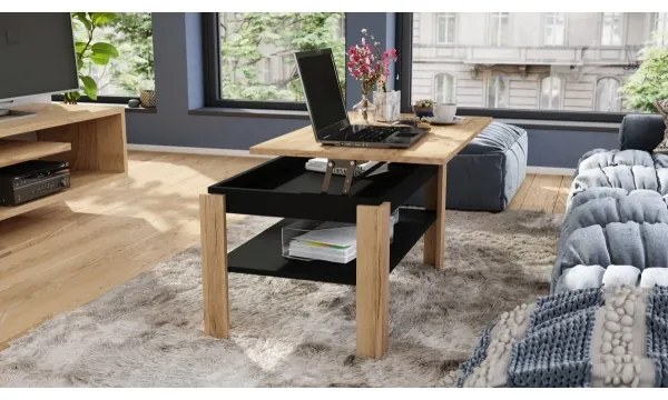 Rozkladací konferenčný stolík so zdvíhacou doskou a policou ADEN dub craft/čierna