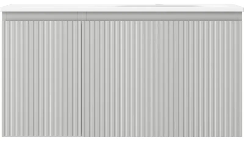 Mexen Rivel, kúpeľňová skrinka 90 cm s pravým umývadlom Vela, 1S, 1D, drážkovaná, sivá matná/biela matná - 91A23-09047-3-BBFF62-W23P01